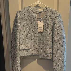 Zara Women's Silver Embellished Tweed Jacket